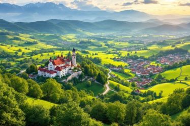 Krajina Rumunska a Bulharska s hrady a vesnicemi.