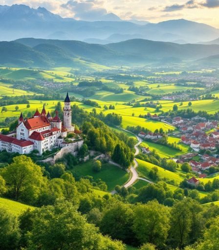 Krajina Rumunska a Bulharska s hrady a vesnicemi.