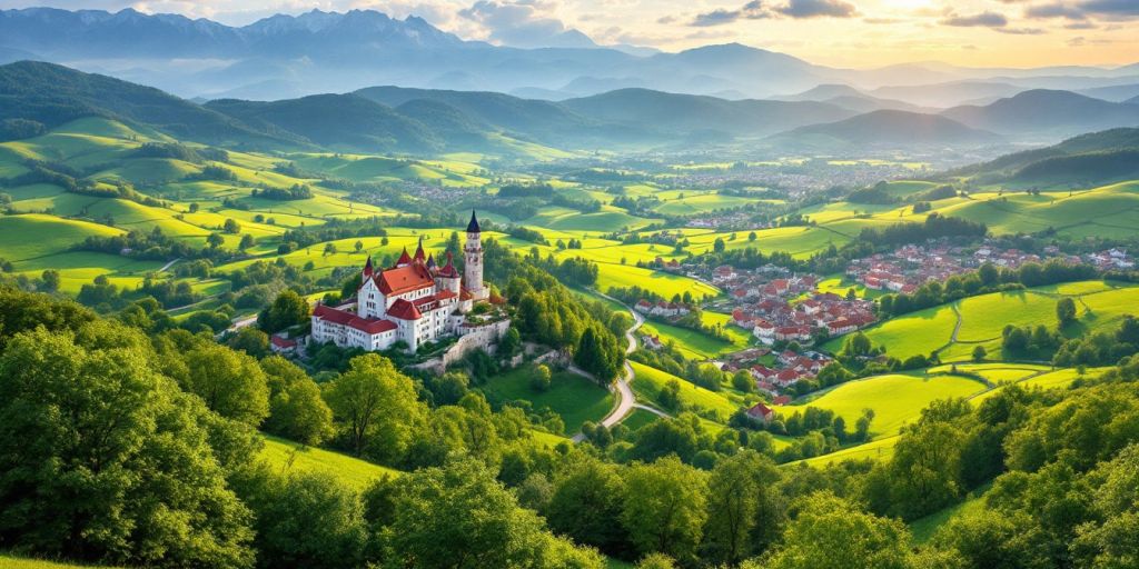 Krajina Rumunska a Bulharska s hrady a vesnicemi.