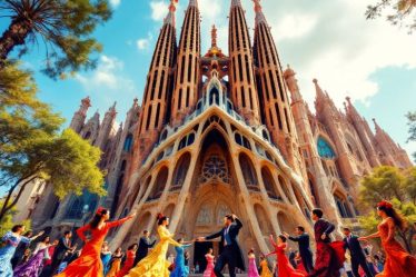 Flamenco tanečníci a architektura Gaudího v Barceloně.