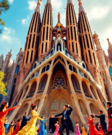 Flamenco tanečníci a architektura Gaudího v Barceloně.