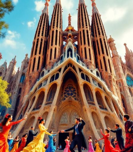 Flamenco tanečníci a architektura Gaudího v Barceloně.