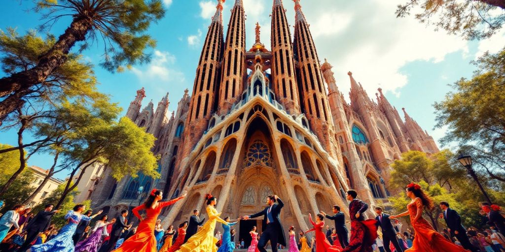 Flamenco tanečníci a architektura Gaudího v Barceloně.