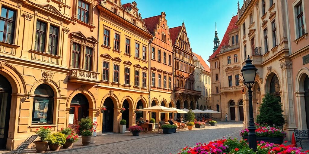 Historické náměstí s krásnou architekturou a květinami.