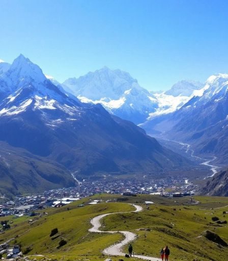 Himaláje s vrcholky a trekkingovou stezkou.