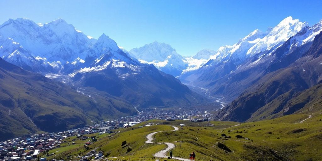 Himaláje s vrcholky a trekkingovou stezkou.