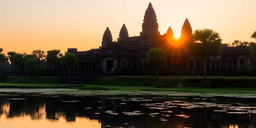 Angkor Wat při východu slunce s okolní přírodou.