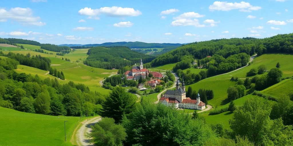 Malebná krajina českého venkova s vesnicí.