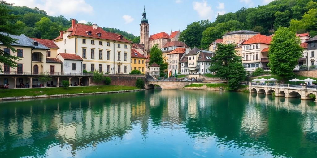 Krásné lázeňské město s historickou architekturou a přírodou.