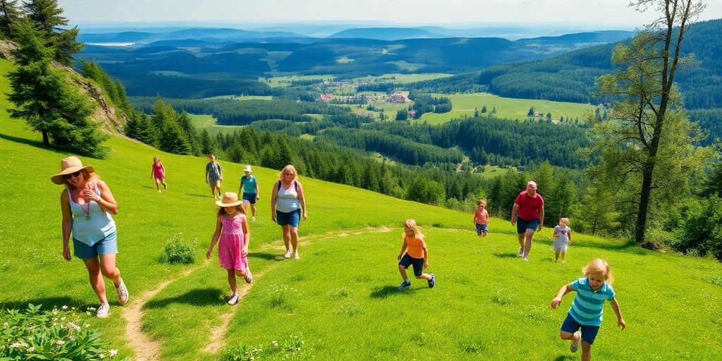 Rodiny užívající si letní aktivity v Beskydech.