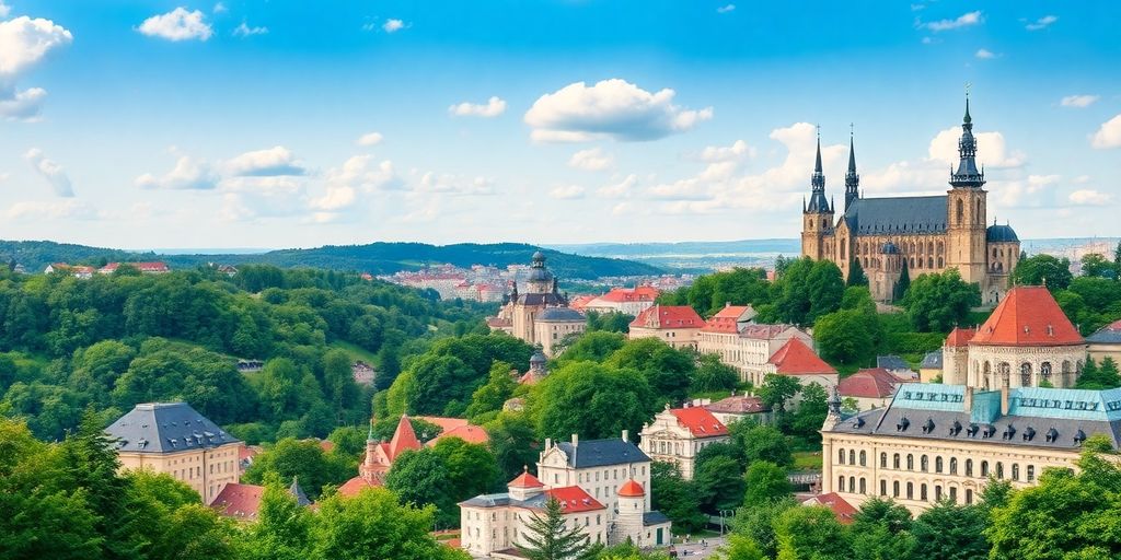 Krajina s českými památkami a historickou architekturou.