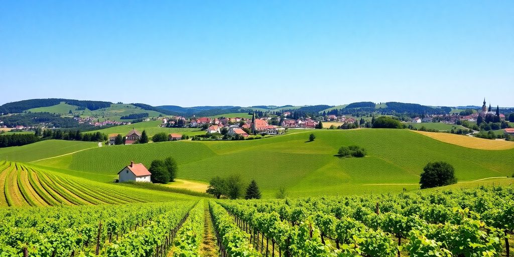 Malebná krajina jižní Moravy s vinicemi a vesnicemi.